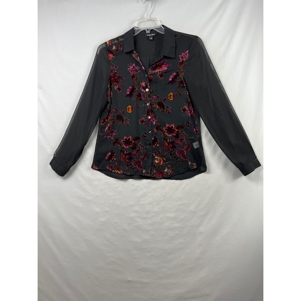 Roz & Ali Button Down Blouse Women Size M Black Burnout Velvet Floral Sheer Long